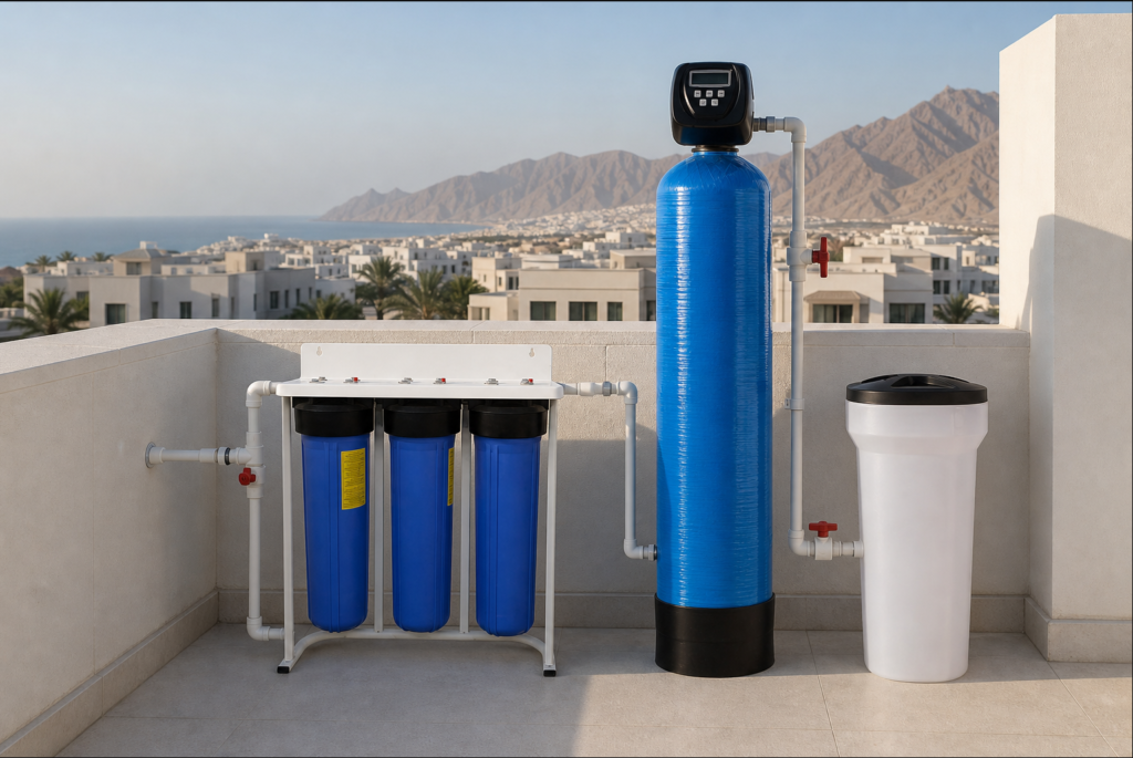 Salt based water softener installed on villa rooftop in Muscat, Oman