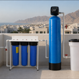 Salt based water softener installed on villa rooftop in Muscat, Oman