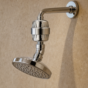 Compact 12-stage shower filter with chrome housing installed on a bathroom shower arm