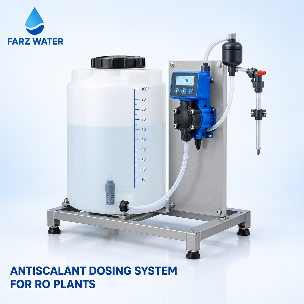Antiscalant dosing system Oman with metering pump and chemical tank by FARZ Water