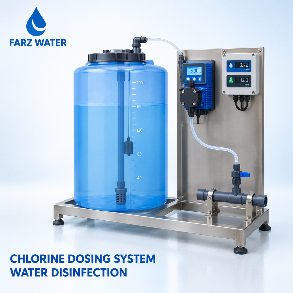 Chlorine dosing system Oman with metering pump, solution tank and controller by FARZ Water