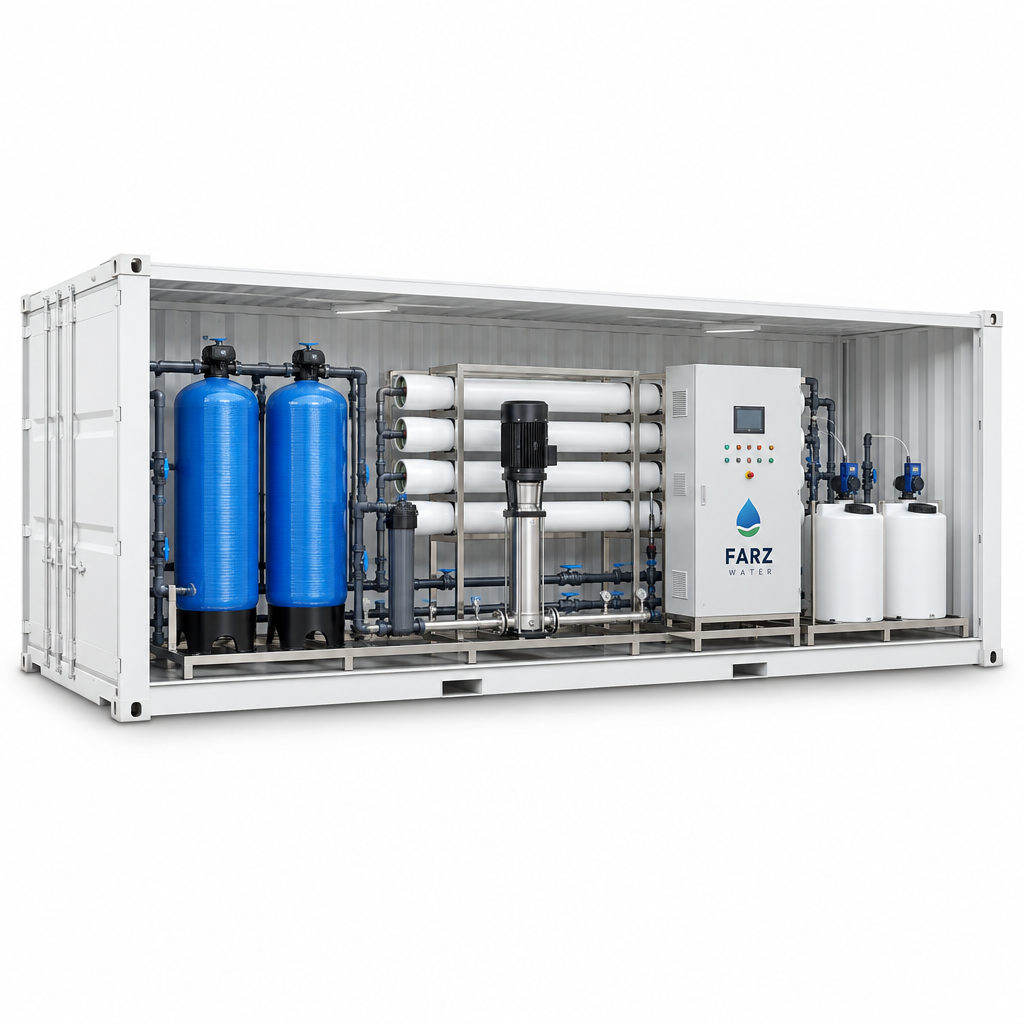 Container Mounted RO Plant built inside a shipping container by FARZ Water Oman