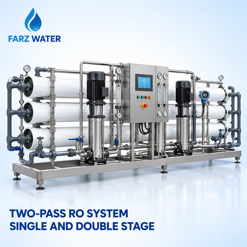 Two pass RO system Oman - single and double stage industrial reverse osmosis skid from FARZ Water