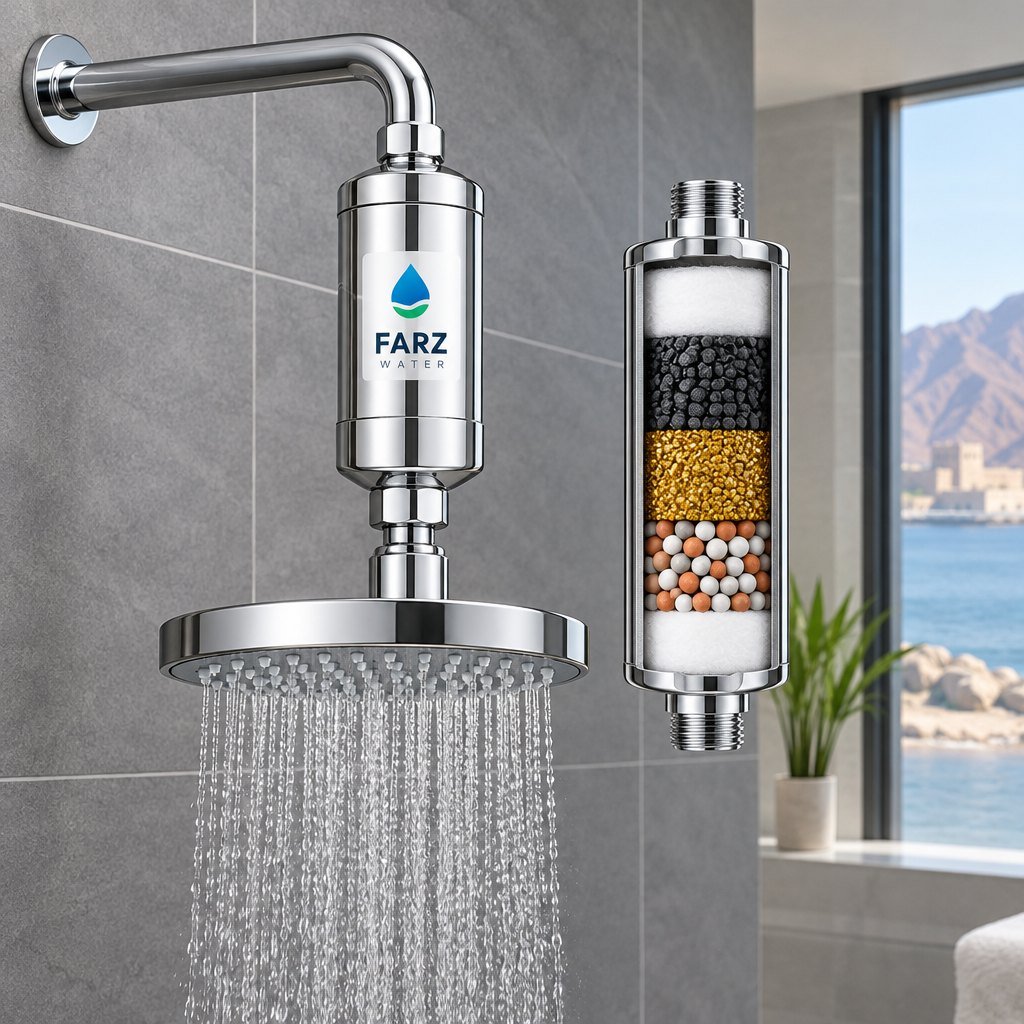 15-Stage Shower Filter fitted to a shower arm in a bathroom in Muscat, Oman – Farz Water