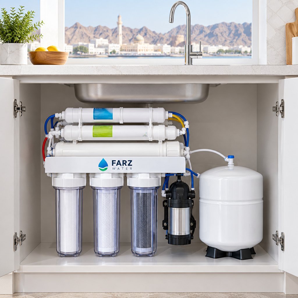 6-Stage RO System with mineral cartridge installed under a kitchen sink in Oman – Farz Water