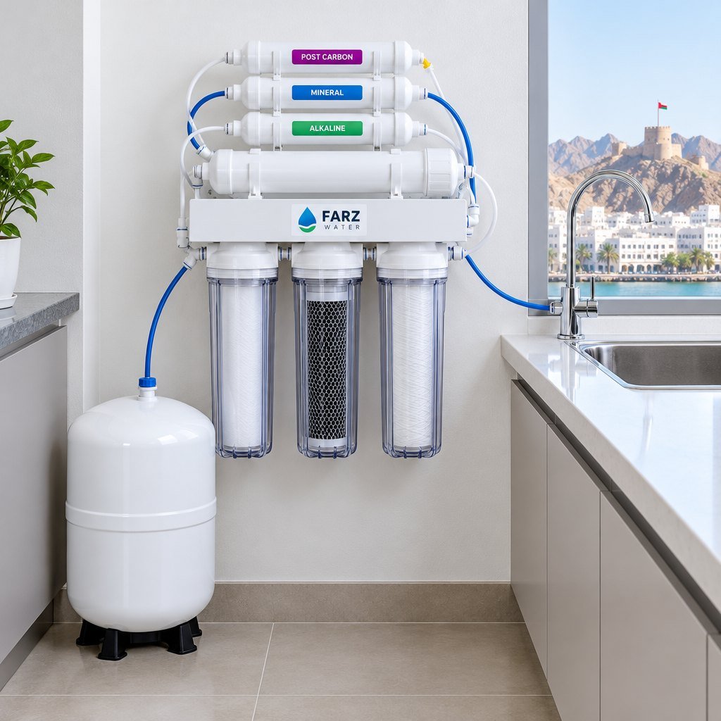 7-Stage Alkaline Mineral RO System wall-mounted in a kitchen in Muscat, Oman – Farz Water