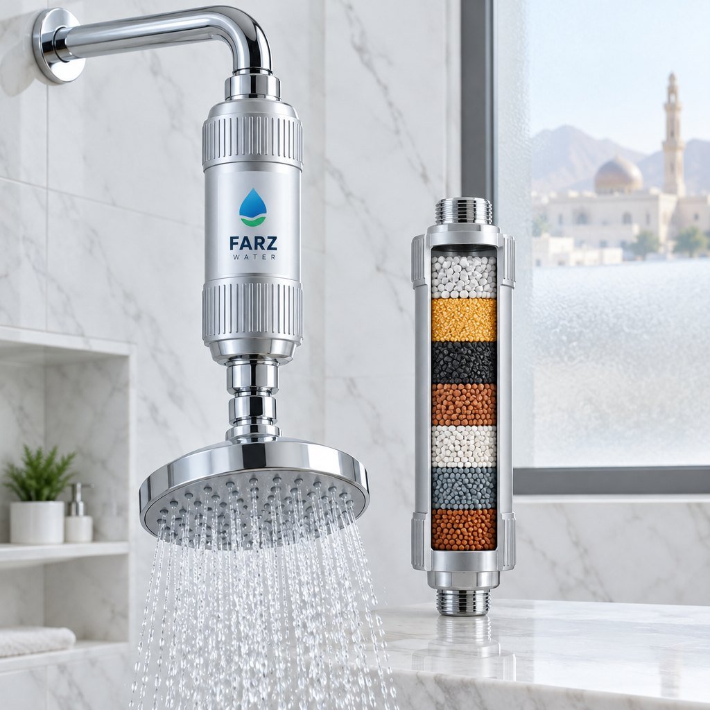 7-Stage Silver ABS Shower Filter fitted to a shower arm in Muscat, Oman – Farz Water