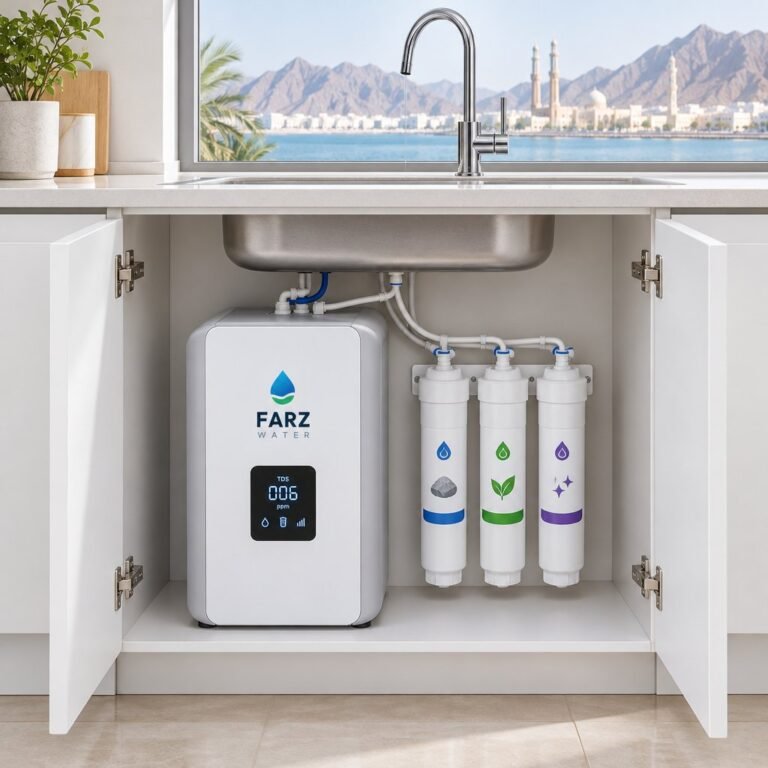 900 GPD 8-Stage RO System with TDS display in a kitchen cabinet in Oman – Farz Water