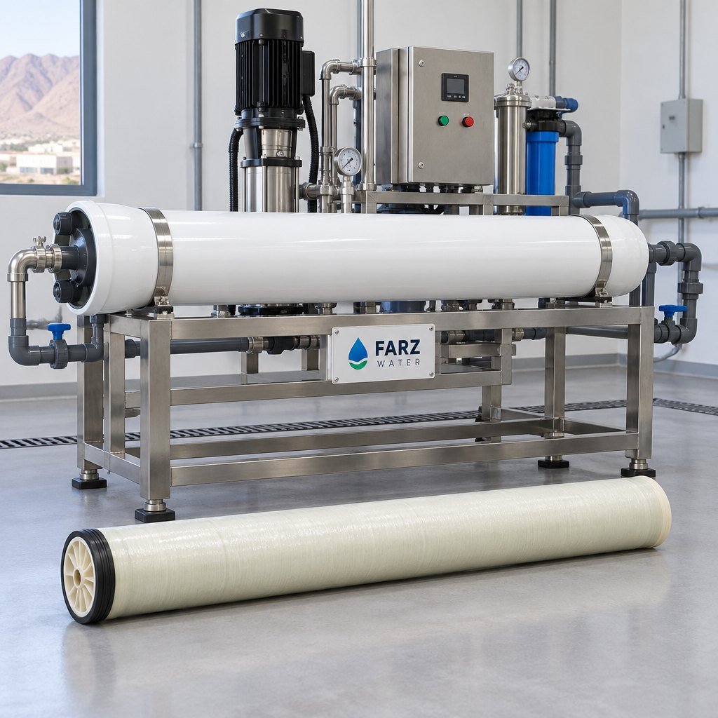 Brackish Water Membrane 4040 BW element beside an RO pressure vessel in Oman – Farz Water