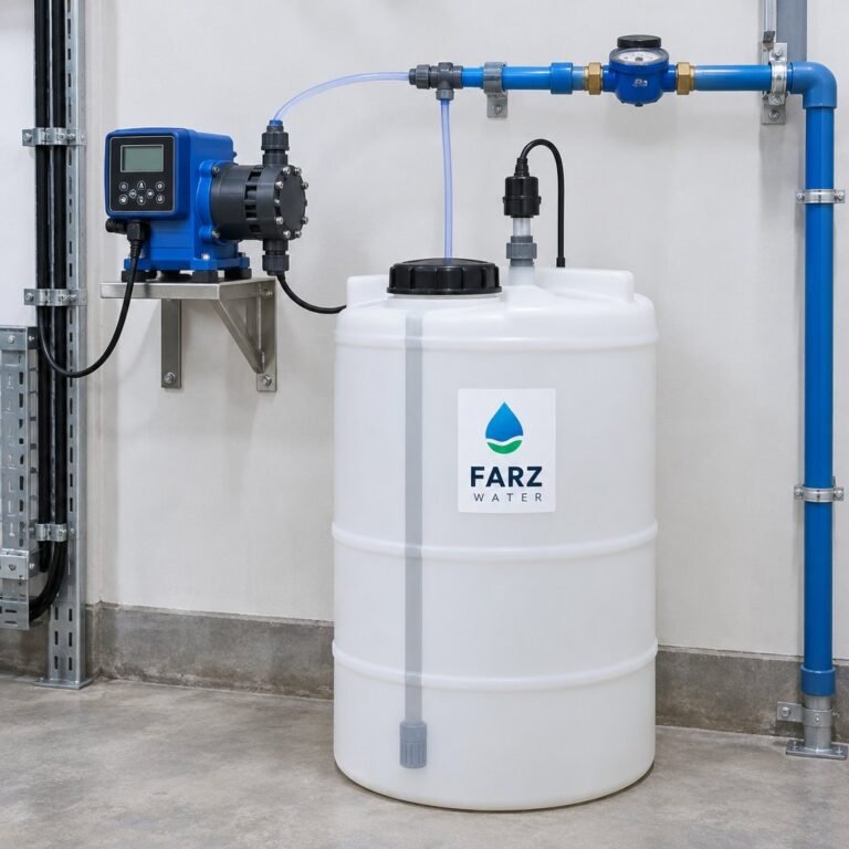 Dosing Pump Emec 10 L/h on a chemical tank in a plant room in Oman – Farz Water