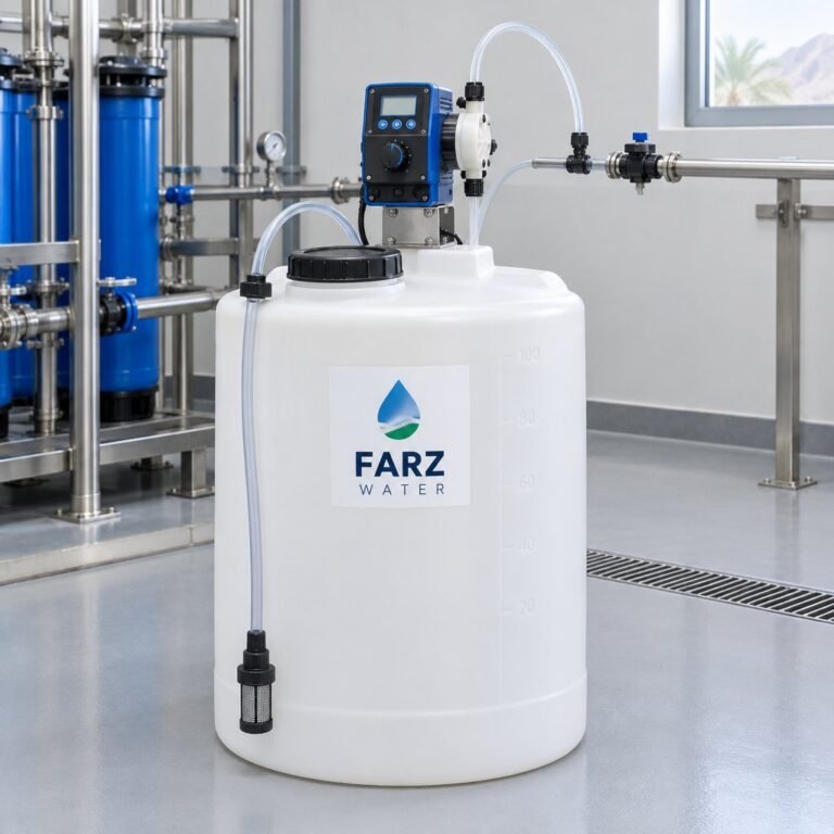 Chemical Dosing Pump Emec 5 L/h on a chemical dosing tank – Farz Water Oman