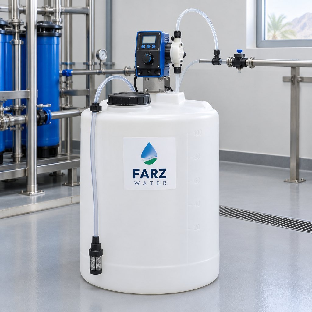 Chemical Dosing Pump Emec 5 L/h on a chemical dosing tank – Farz Water Oman
