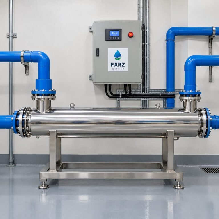 Commercial UV Sterilizer 55 GPM in a hotel plant room in Muscat, Oman – Farz Water