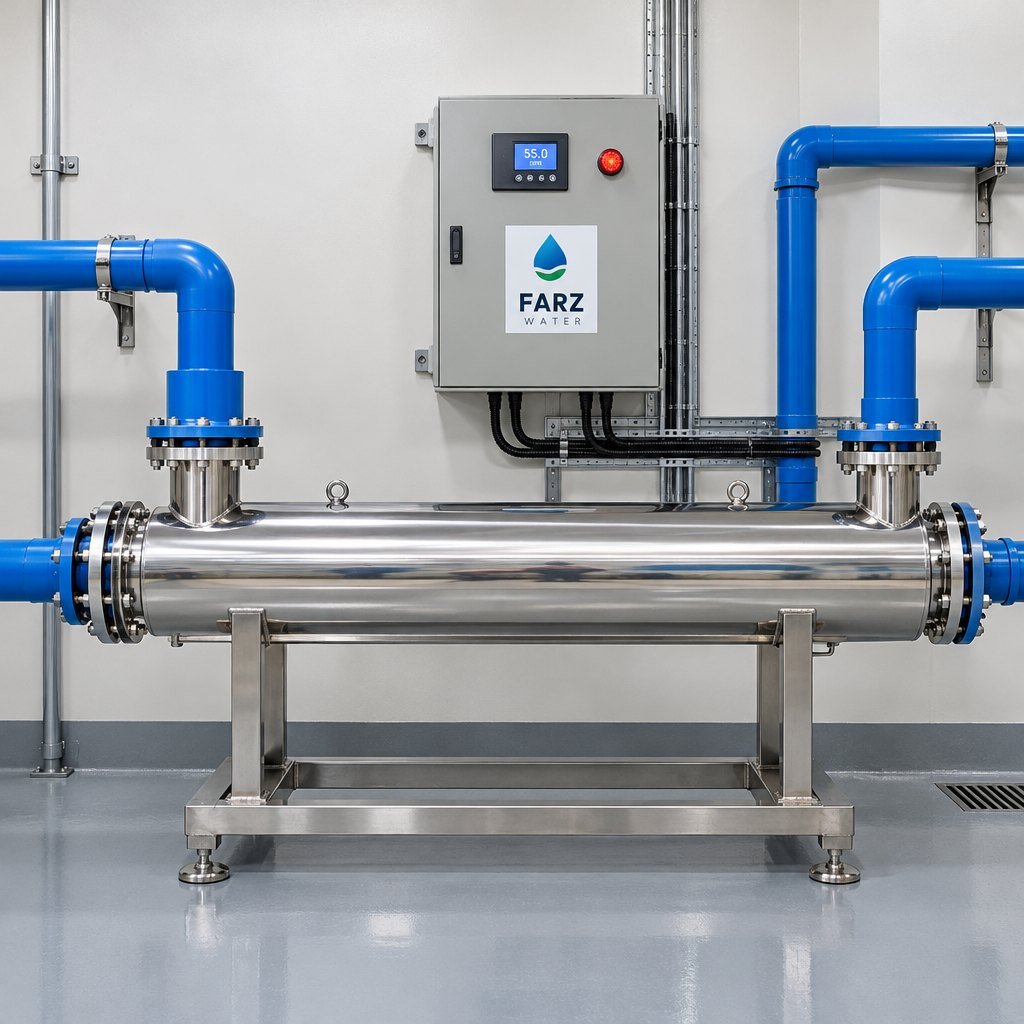 Commercial UV Sterilizer 55 GPM in a hotel plant room in Muscat, Oman – Farz Water