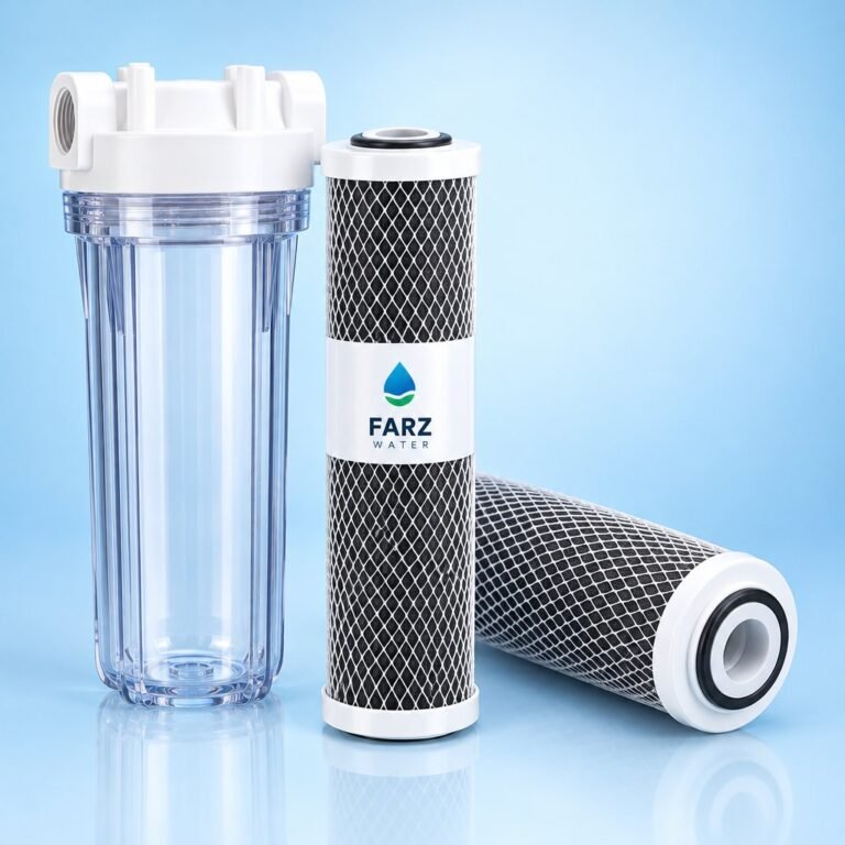 CTO Carbon Block Cartridge 10 inch beside a clear housing – Farz Water Oman