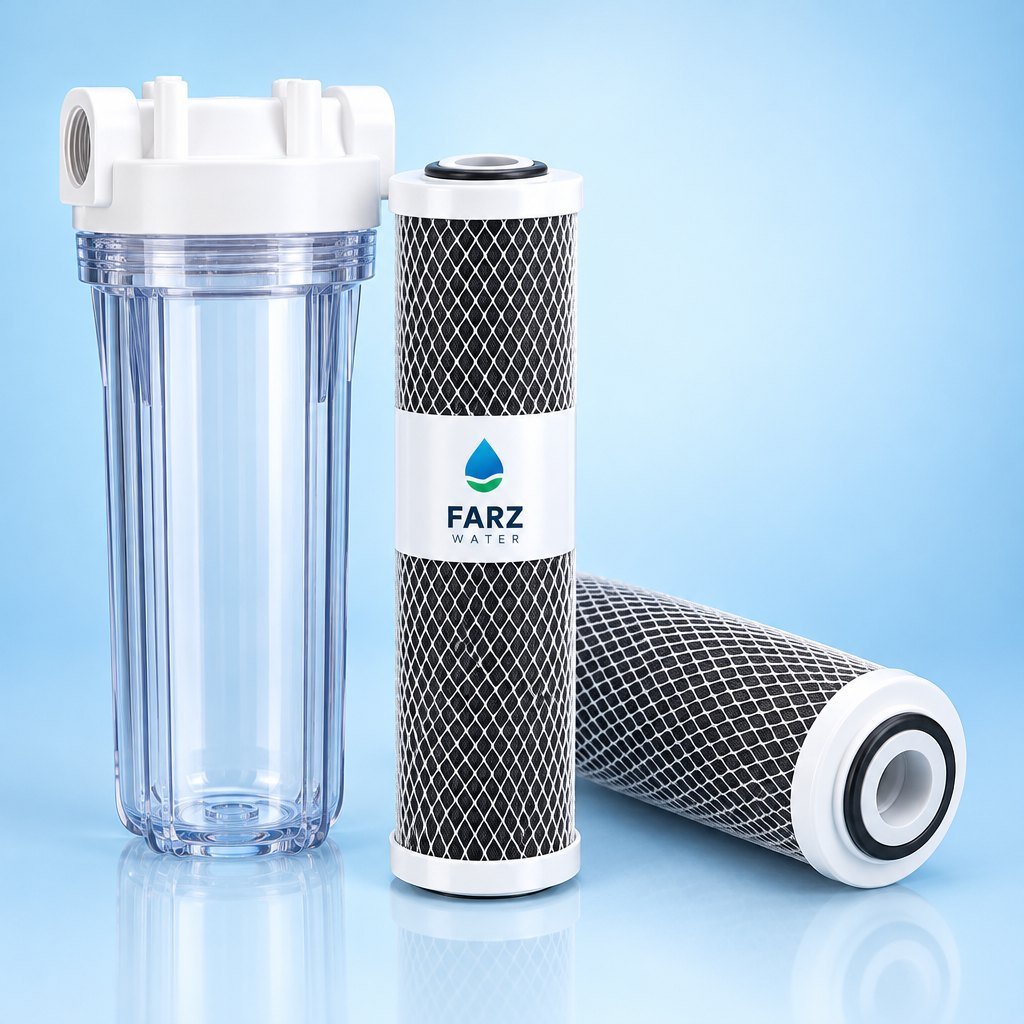 CTO Carbon Block Cartridge 10 inch beside a clear housing – Farz Water Oman