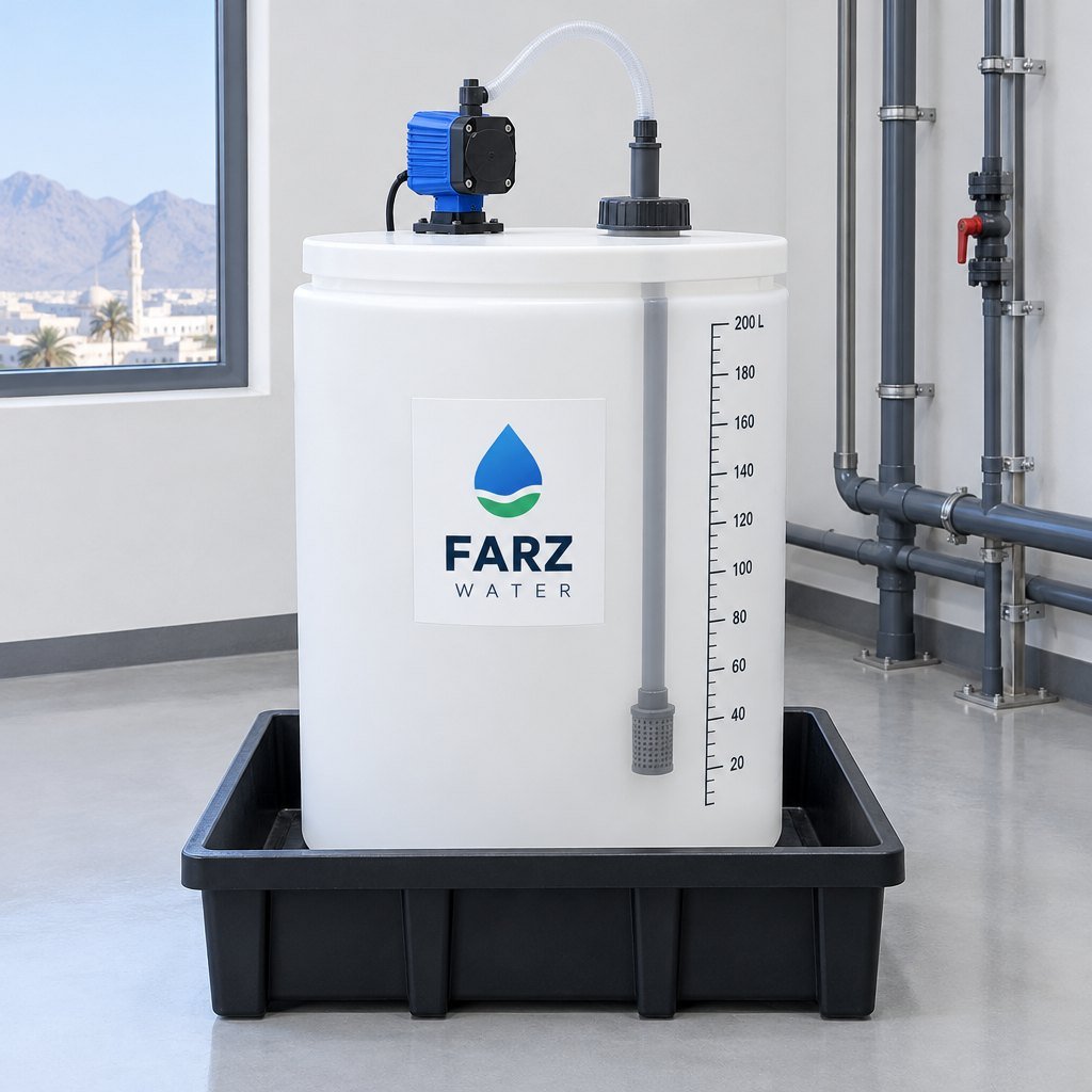 Dosing Tank 200 Litre HDPE with dosing pump and suction lance – Farz Water Oman