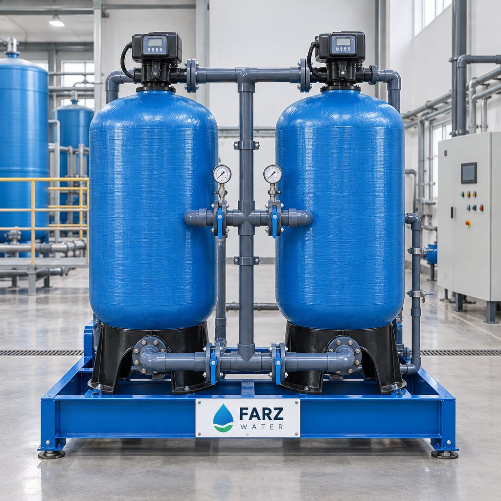 Duplex Pretreatment Skid with twin FRP vessels on a steel frame in Oman – Farz Water
