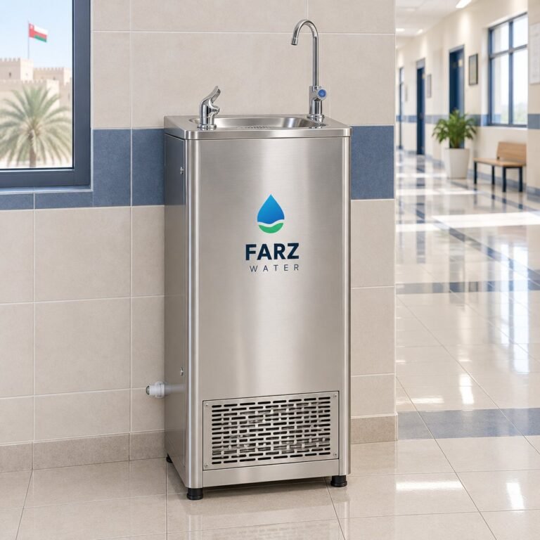 Floor-Standing Water Cooler stainless steel in a public corridor in Oman – Farz Water