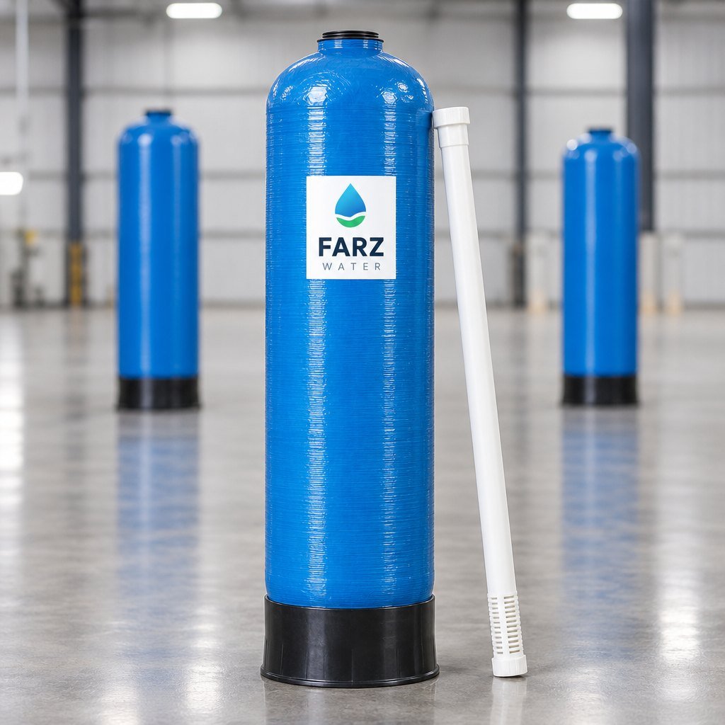 FRP Pressure Vessel 1054 blue fiberglass tank with riser tube – Farz Water Oman