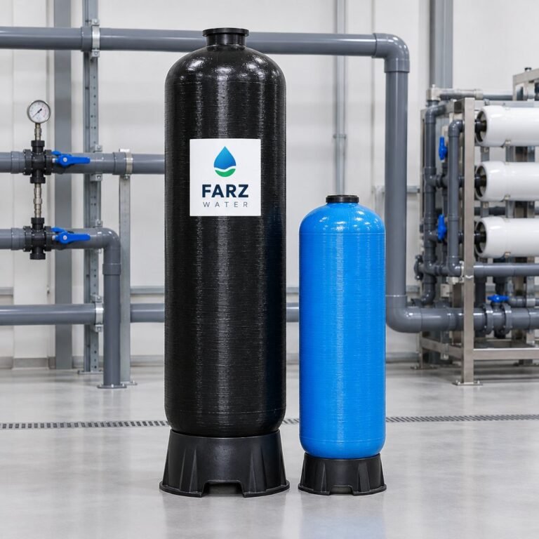 FRP Pressure Vessel 1665 black fiberglass tank in a plant room in Oman – Farz Water