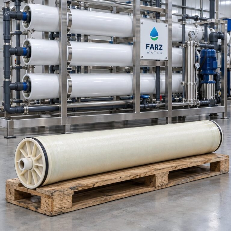 Industrial RO Membrane 8040 element in front of an RO plant skid in Oman – Farz Water