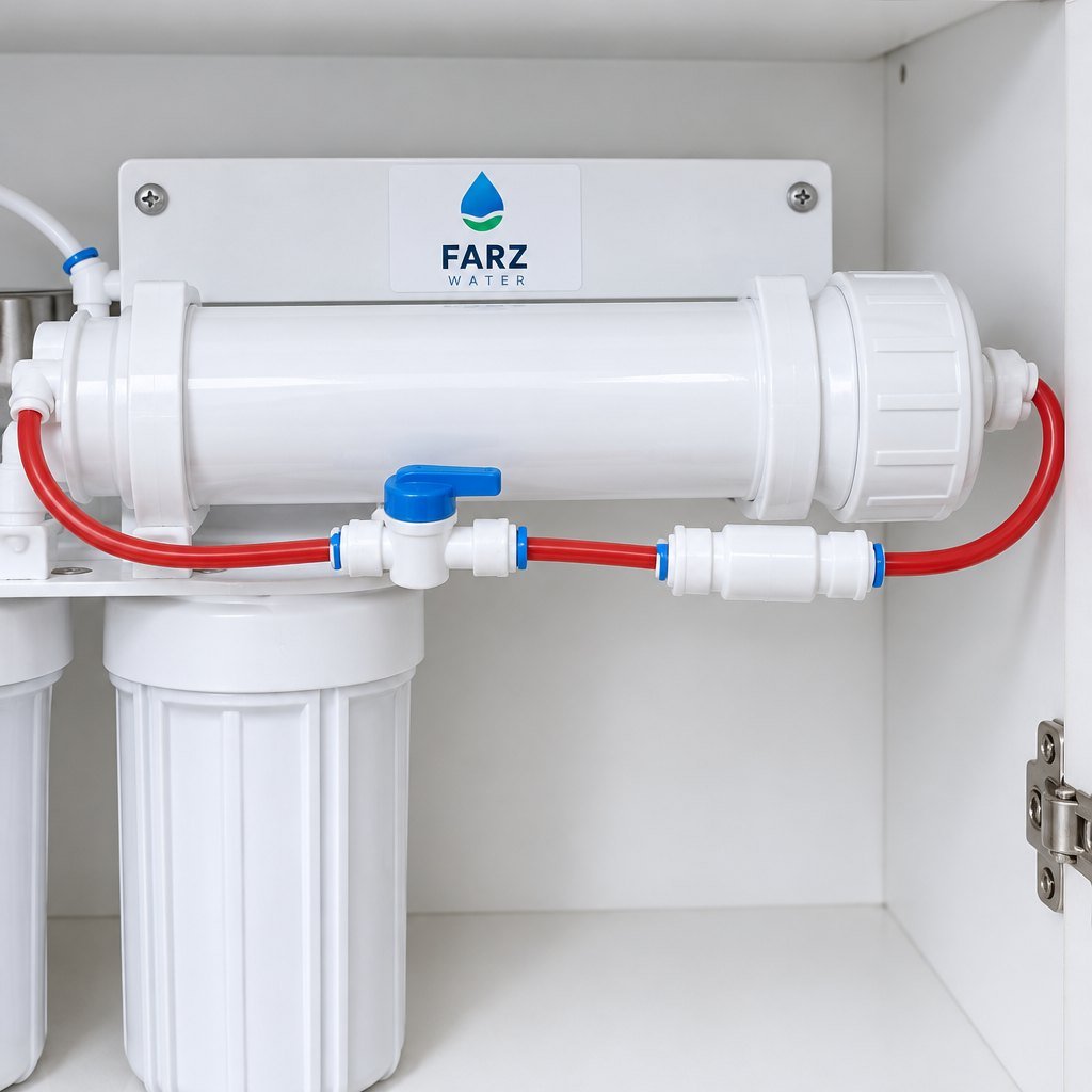 Membrane Flush Kit with flush valve fitted to an RO membrane housing – Farz Water Oman