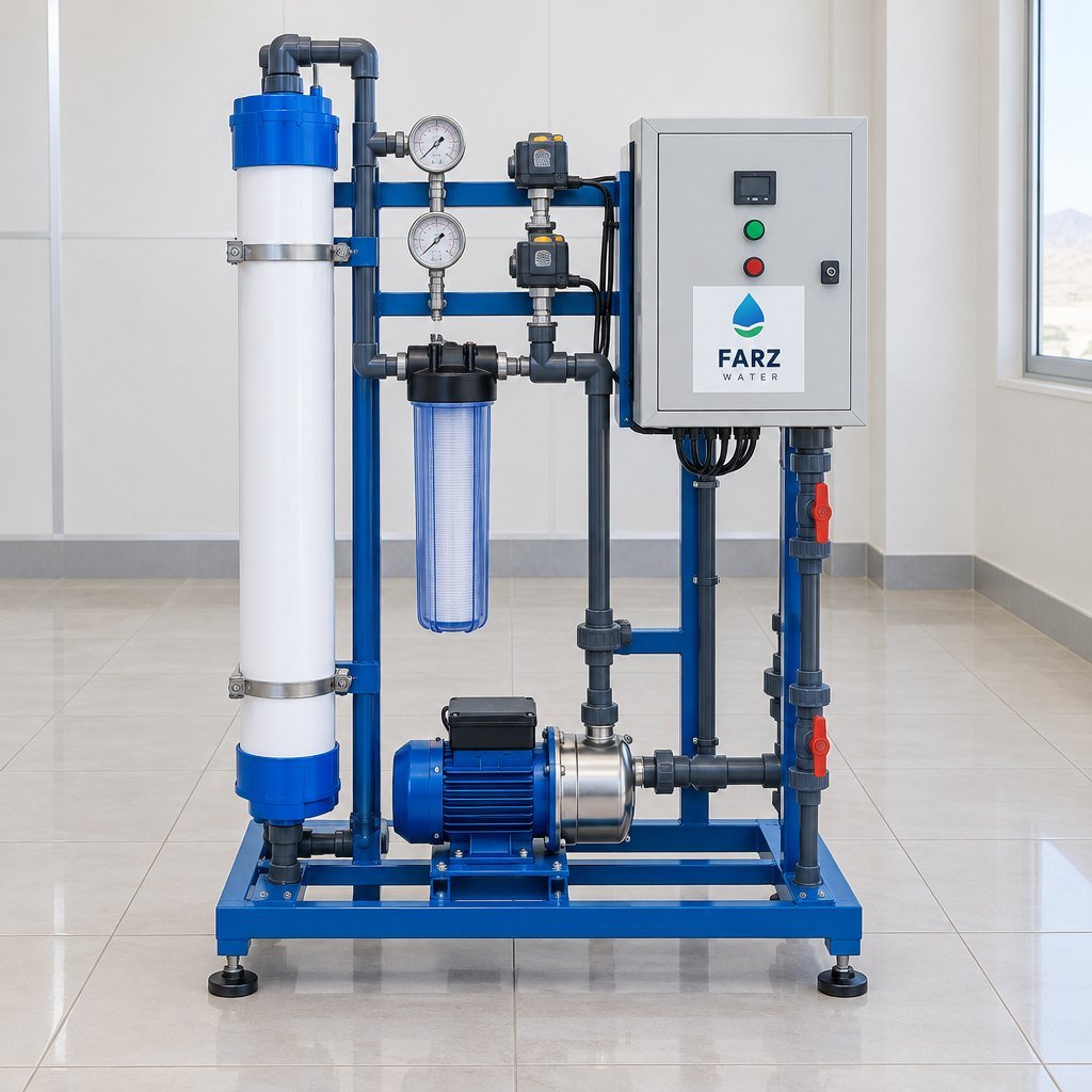 500LPH Ultrafiltration System compact skid in a plant room in Oman – Farz Water