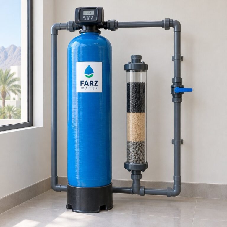 Multimedia Filter 1054 with automatic backwash valve in a pump room in Oman – Farz Water