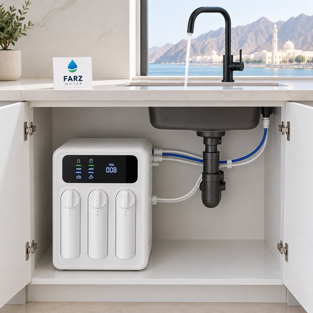 Nobana 1000GPD Tankless RO system under a kitchen sink in Muscat, Oman – Farz Water