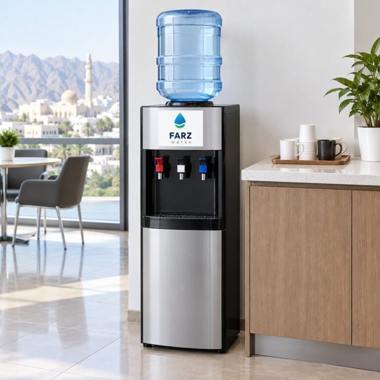 Office Water Dispenser with 3 taps in an office pantry in Muscat, Oman – Farz Water