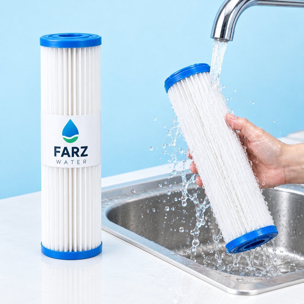 Washable Pleated Sediment Cartridge being rinsed under a tap – Farz Water Oman