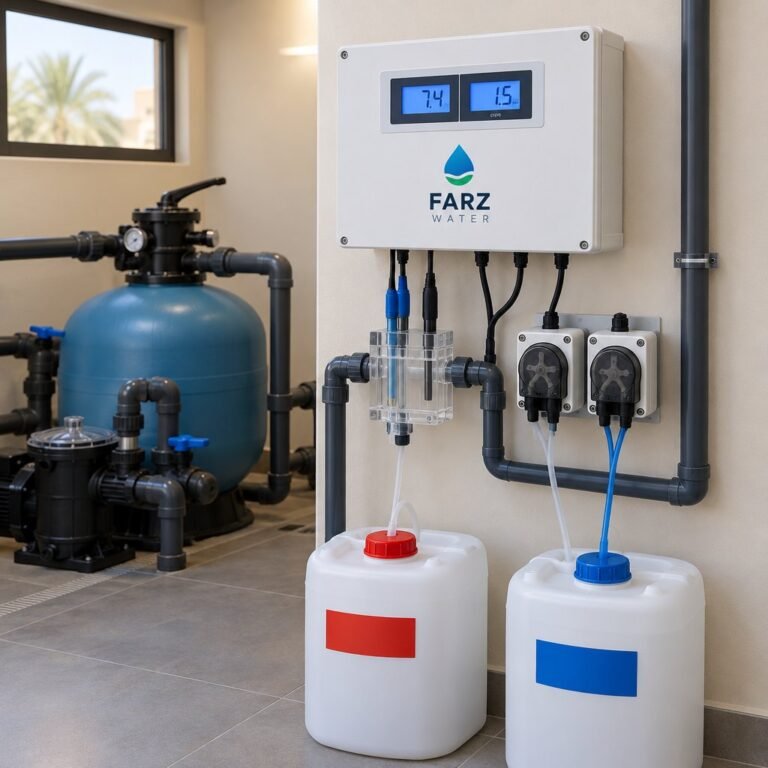 Pool Chemical Dosing Controller with pH and chlorine probes for a pool in Oman – Farz Water