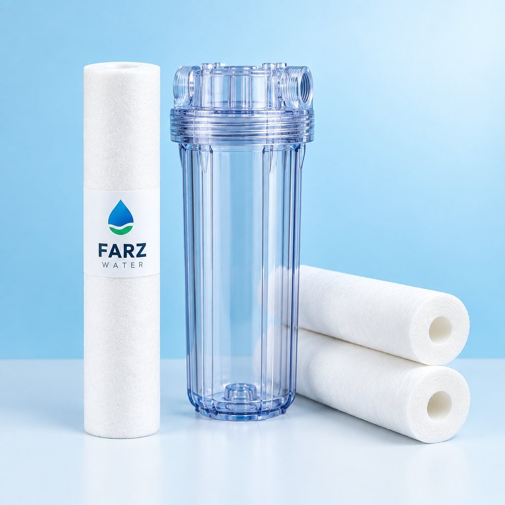 PP Spun Filter Cartridge 5 Micron 10 inch beside a clear filter housing – Farz Water Oman