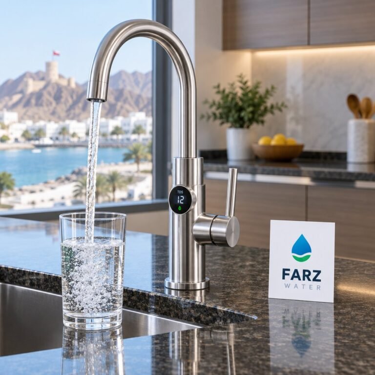 RO Faucet with TDS Meter digital display on a kitchen counter in Muscat, Oman – Farz Water
