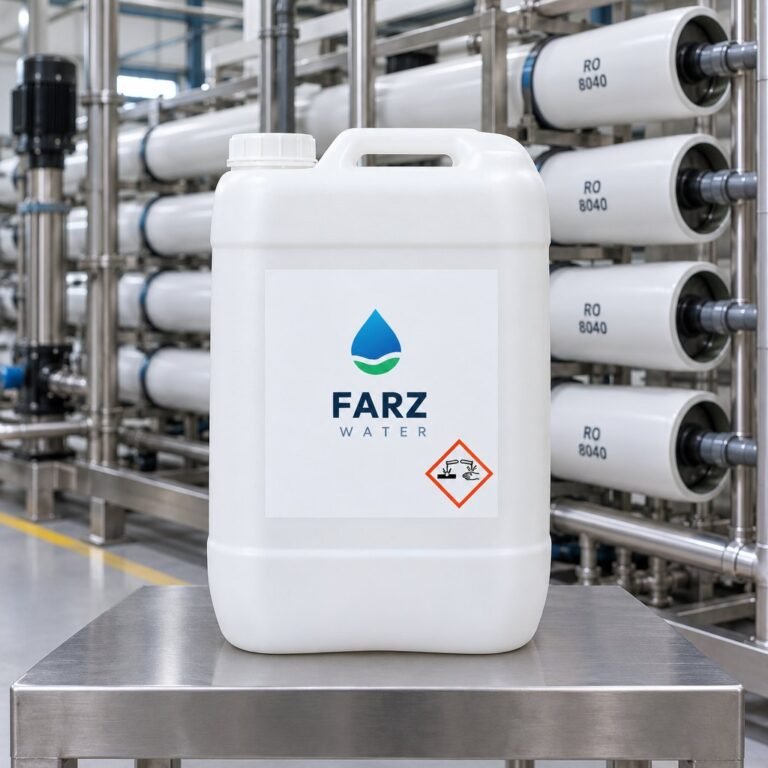 RO Membrane Cleaner Acidic 20 L jerrycan beside RO pressure vessels – Farz Water Oman