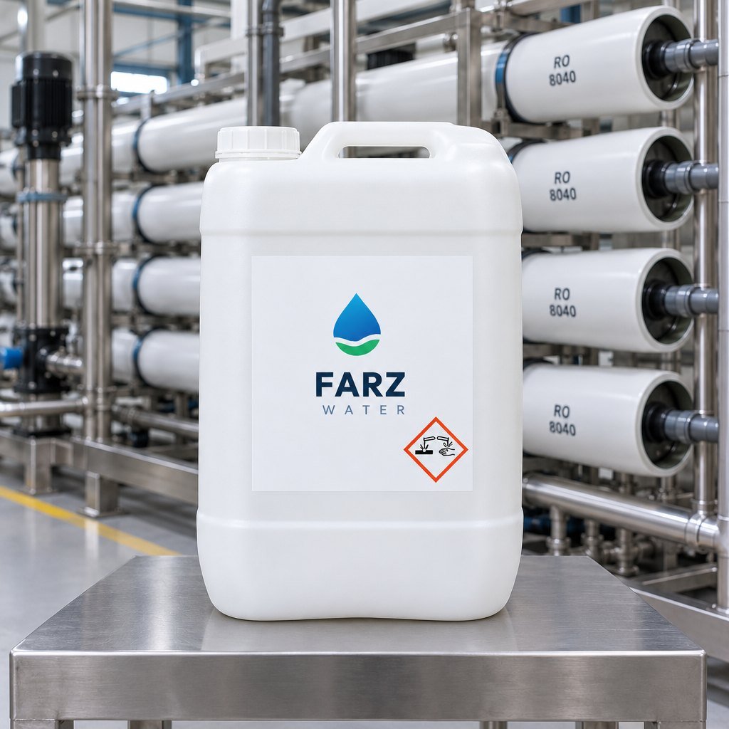 RO Membrane Cleaner Acidic 20 L jerrycan beside RO pressure vessels – Farz Water Oman