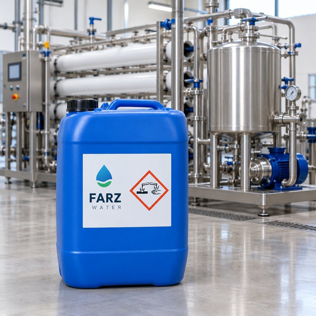 RO Membrane Cleaner Alkaline 20 L jerrycan at an RO plant CIP skid – Farz Water Oman