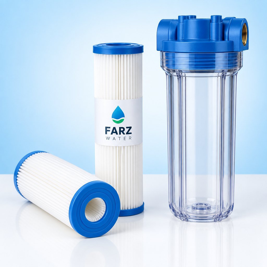 Sediment Filter Cartridge 1 Micron 10 inch beside a clear filter housing – Farz Water Oman
