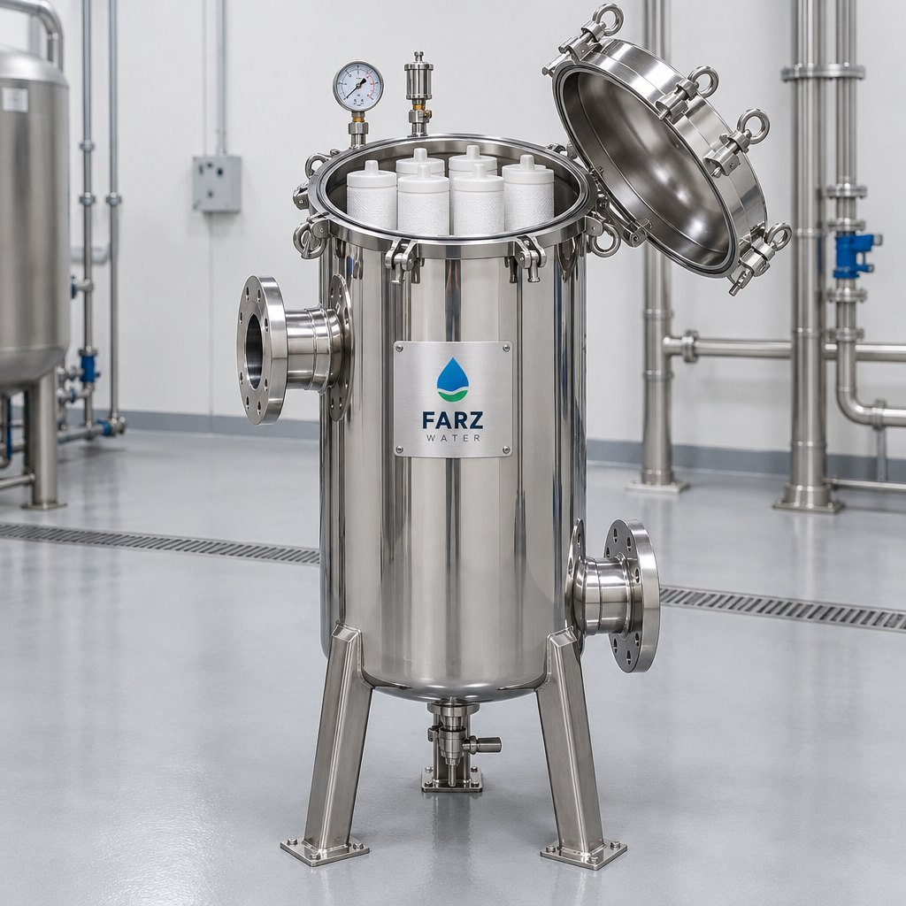 Stainless Steel Cartridge Housing with pressure gauge in a plant room in Oman – Farz Water