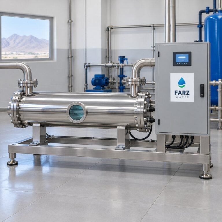 Stainless Steel UV Chamber on a skid in a water treatment plant room in Oman – Farz Water