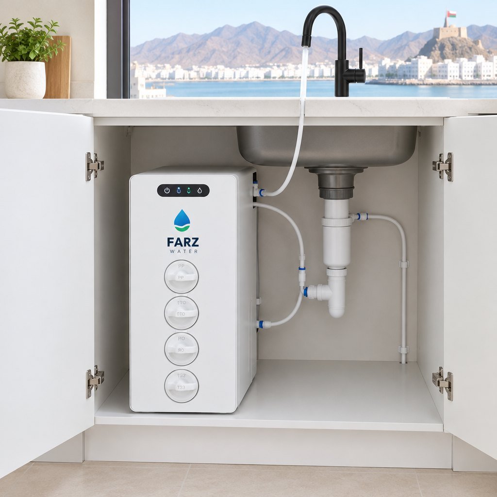 Tankless RO System 400 GPD under a kitchen sink in Muscat, Oman – Farz Water