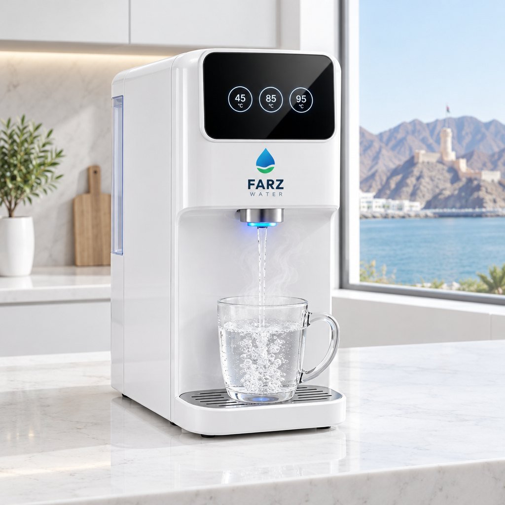 Tankless UV Dispenser household purifier on a kitchen counter in Oman – Farz Water
