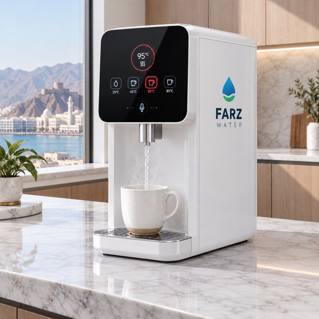 Touch-Screen Heating RO Purifier with voice control on a kitchen counter in Oman – Farz Water