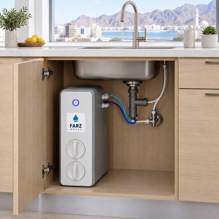 Under-Sink Tankless 600 GPD RO System in a kitchen cabinet in Muscat, Oman – Farz Water