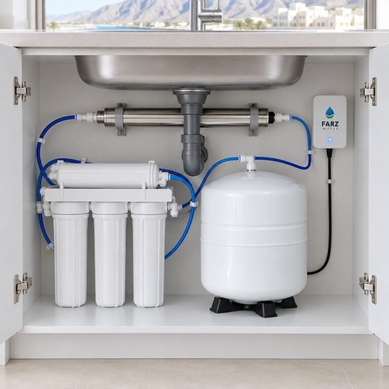 Under-Sink UV Sterilizer fitted next to an RO system in a kitchen in Muscat, Oman – Farz Water
