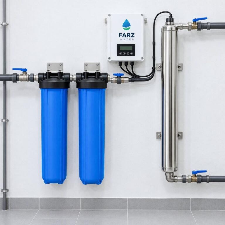UV Water Sterilizer 25 GPM installed after filters in a plant room in Muscat, Oman – Farz Water