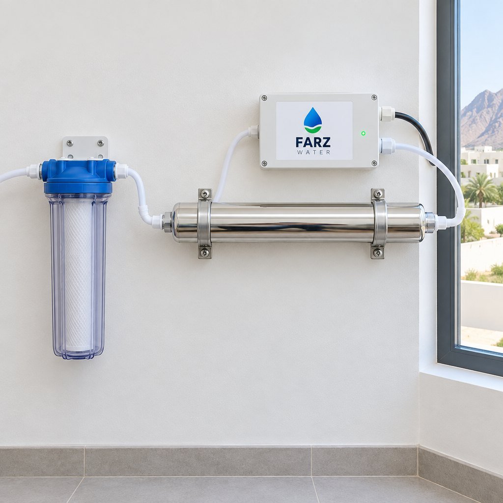 UV Water Sterilizer 6 GPM installed on a wall in a villa in Muscat, Oman – Farz Water