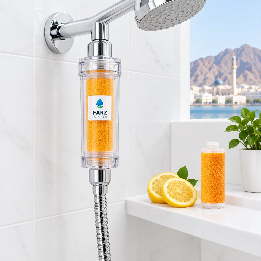Vitamin C Shower Filter with cartridge on a shower hose in Muscat, Oman – Farz Water