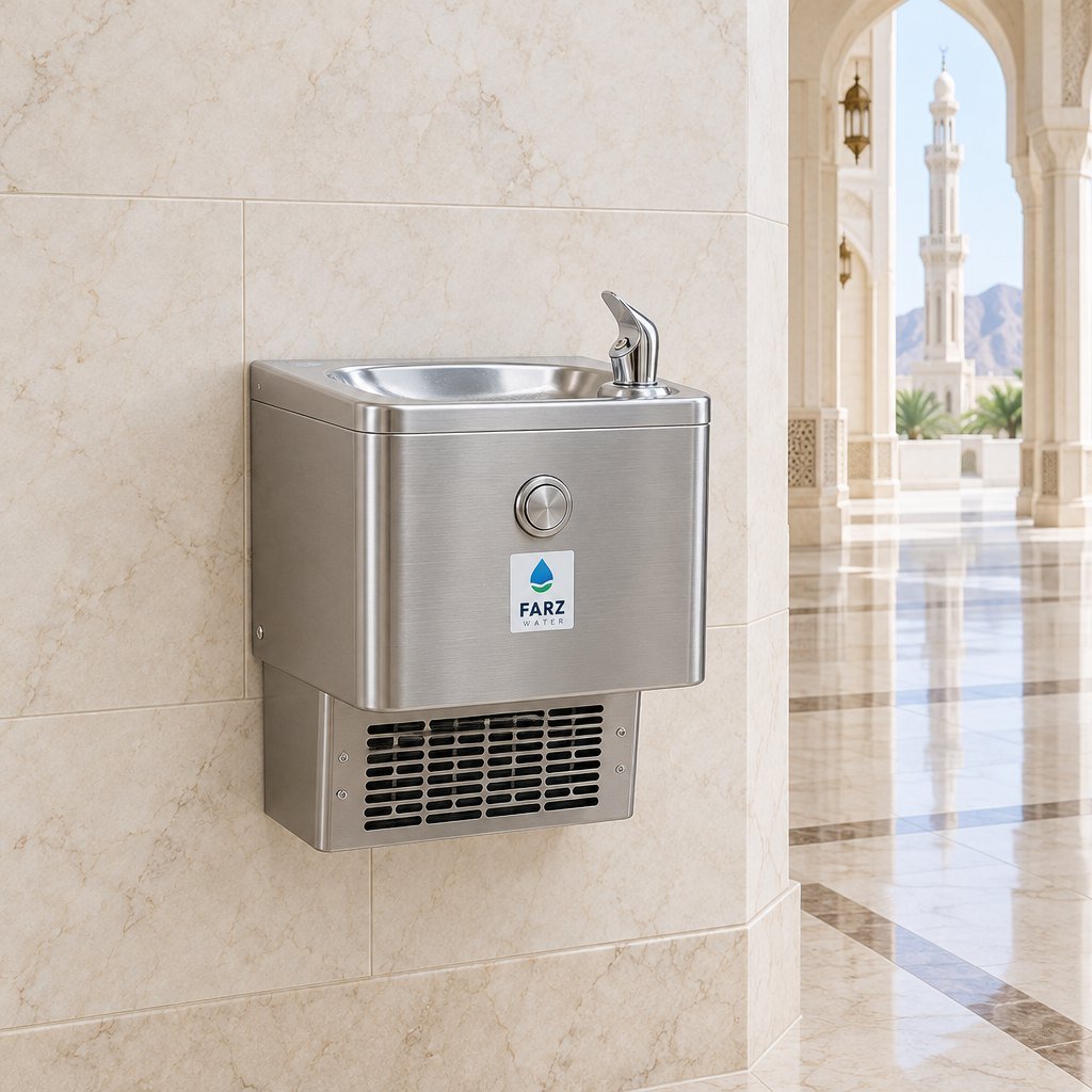 Wall-Mounted Water Cooler stainless steel in a mosque ablution area in Oman – Farz Water